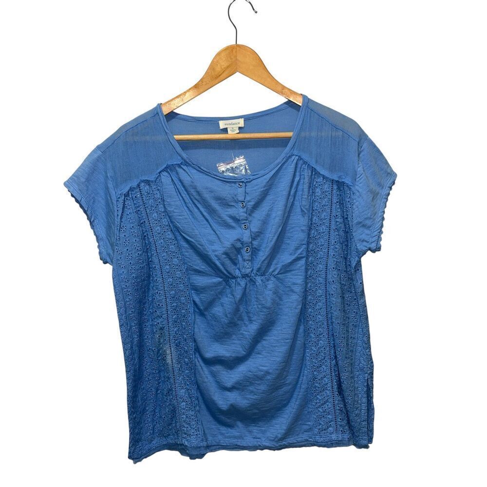 Sundance Nero Eyelet Short Sleeve Top Size Small Oversized Sky Blue Boho